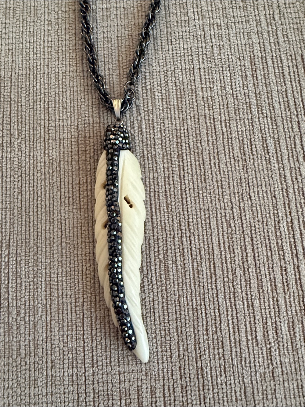 Black Chain Necklace with White Carved Feather Pendant